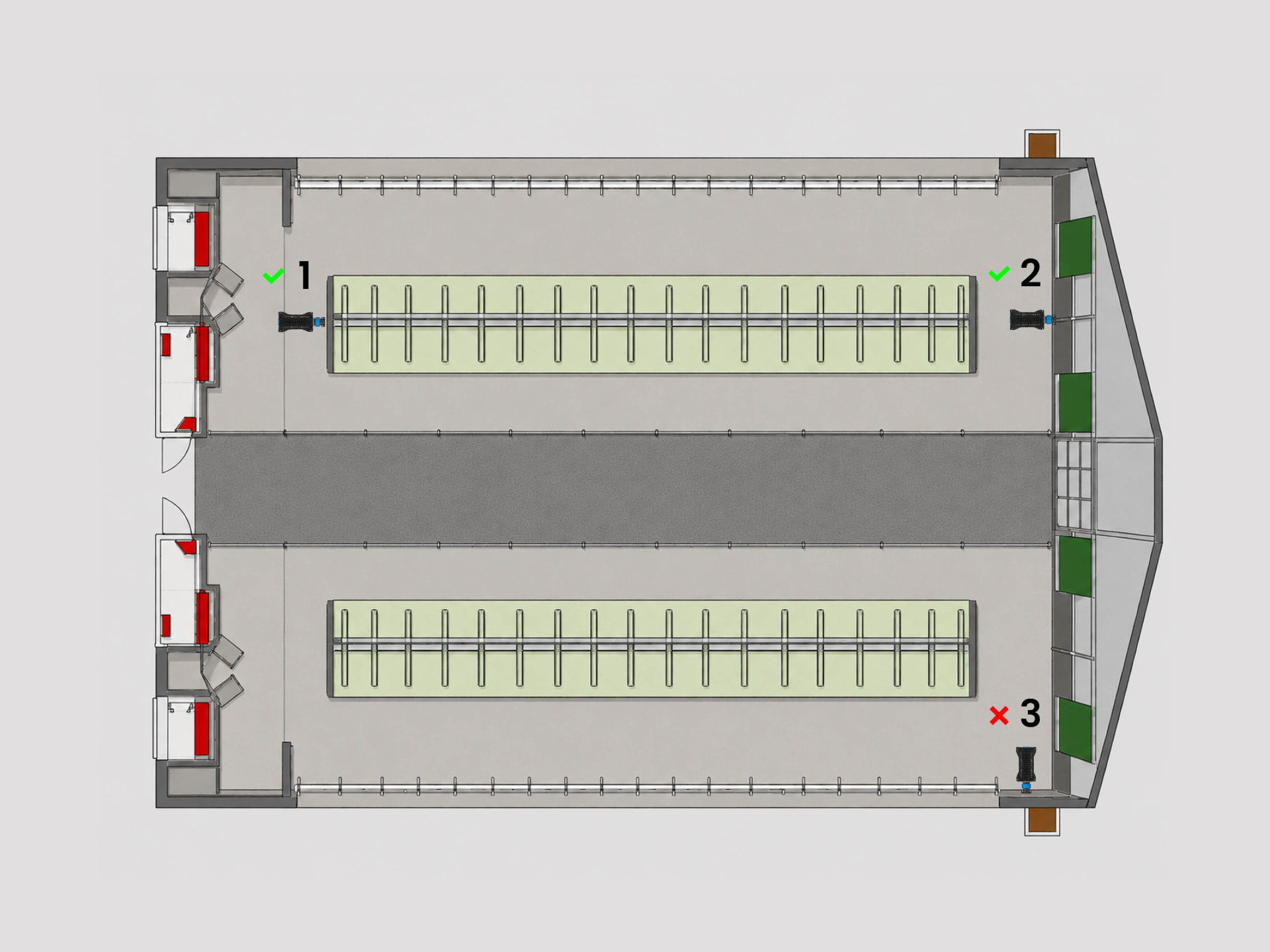 Schematisch bovenaanzicht van een stal met goede en foute borstelplaatsing